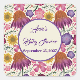 Pegatina Cuadrada Baby Shower de jardín personalizado de flores silv