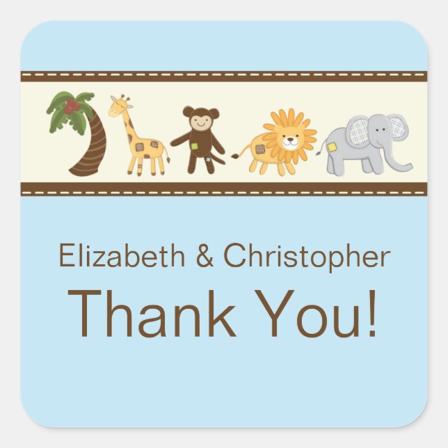 Pegatina Cuadrada Baby Shower de Jungle Safari Animal Blue Boy (Anverso)