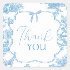 Pegatina Cuadrada Baby Shower de la tela blanca azul de Jouy Bear