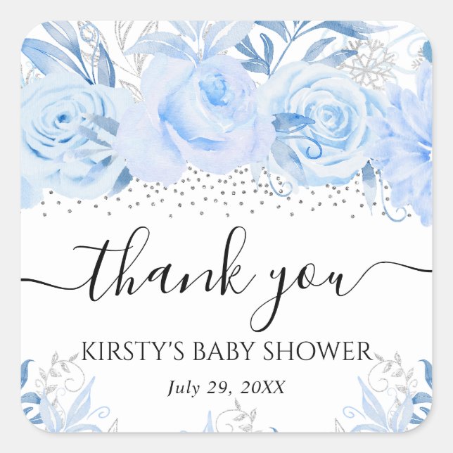 Pegatina Cuadrada Baby Shower de las flores de invierno azul para be (Anverso)