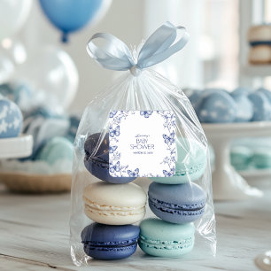 Pegatina Cuadrada Baby Shower de mariposa de Chinoiserie azul