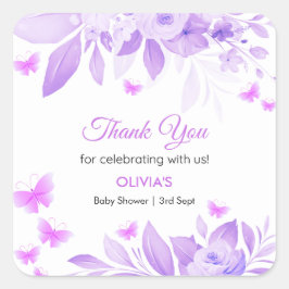 Pegatina Cuadrada Baby Shower de mariposa morada gracias