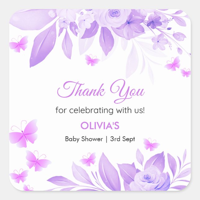 Pegatina Cuadrada Baby Shower de mariposa morada gracias (Anverso)