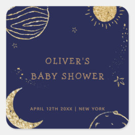 Pegatina Cuadrada Baby Shower de Midnight Galaxy Moon Star