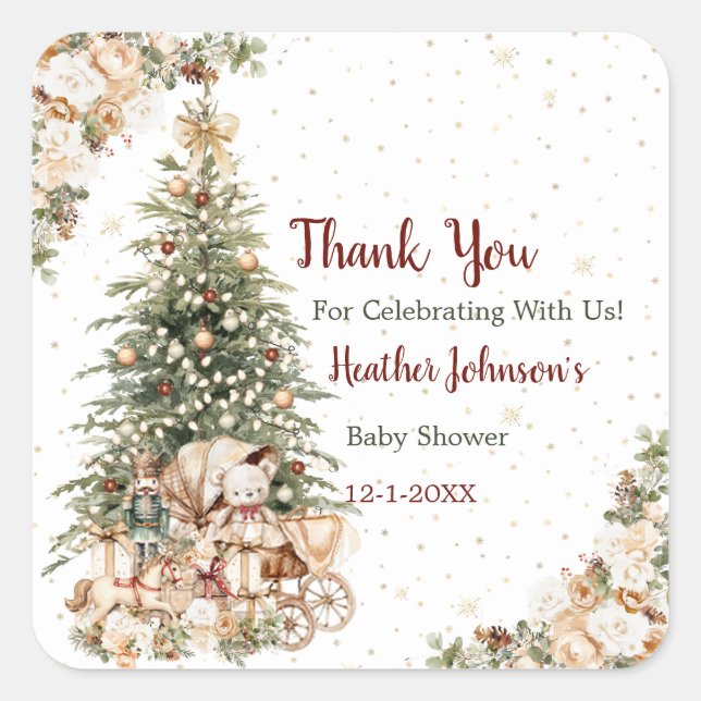 Pegatina Cuadrada Baby Shower de Navidad Boho Neutral (Anverso)