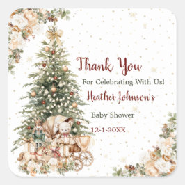 Pegatina Cuadrada Baby Shower de Navidad Boho Neutral