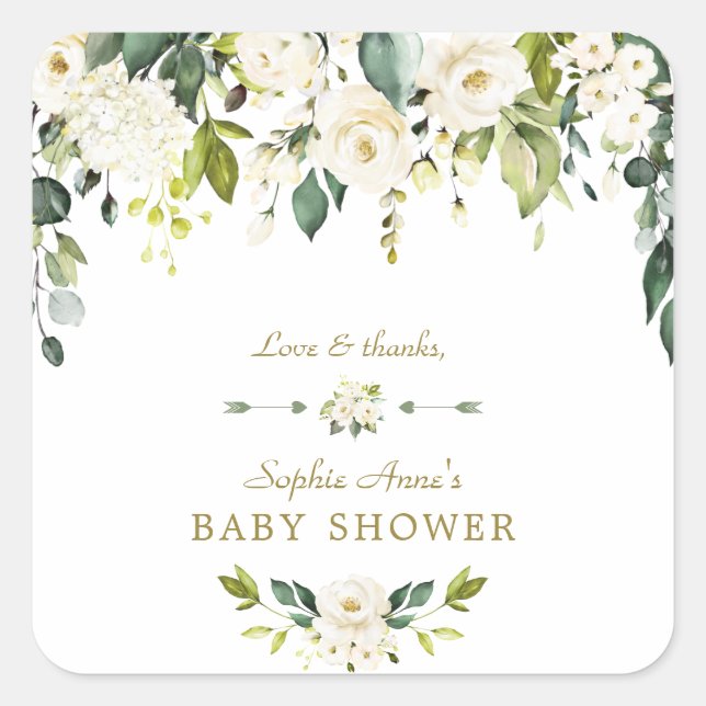 Pegatina Cuadrada Baby Shower de oro con flores de crema blanca (Anverso)