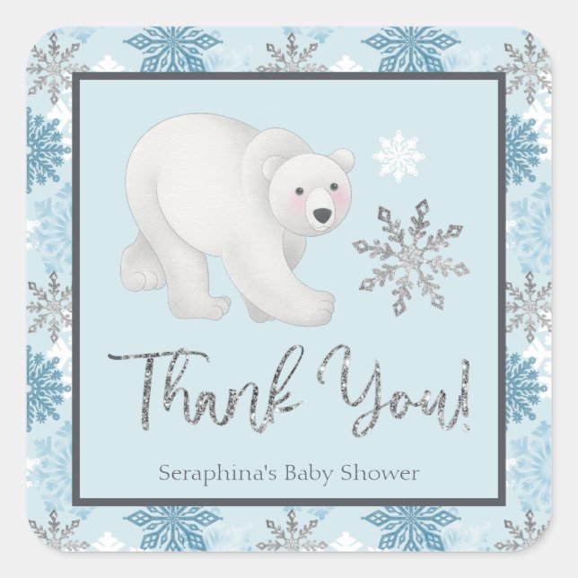 Pegatina Cuadrada Baby Shower de oso polar con copo de nieve de plat (Anverso)