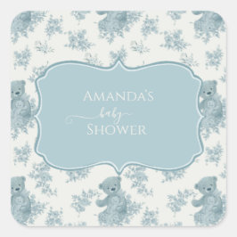 Pegatina Cuadrada Baby Shower de oso toile y conejito francés