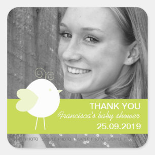 Pegatina Cuadrada Baby Shower de pájaro personalizado favorece etiqu