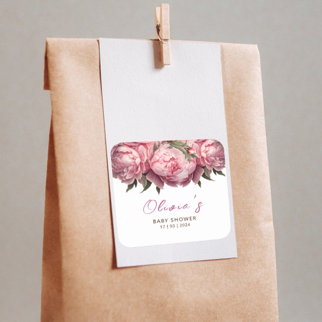 Pegatina Cuadrada Baby Shower de Peonies Rosados (Pink Peonies Watercolor Baby Shower Square Sticker)