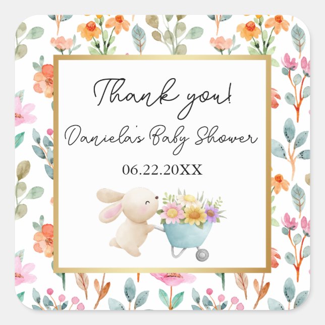 Pegatina Cuadrada Baby Shower de Pequeño Conejito Pequeño Flor (Anverso)