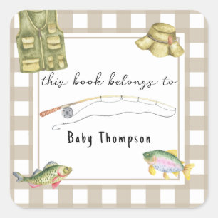 Pegatina Cuadrada Baby Shower de Pesca - este libro pertenece a