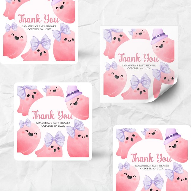 Pegatina Cuadrada Baby Shower de Pink Little Boo Halloween (Girl Little Boo Halloween Baby Shower Sticker)