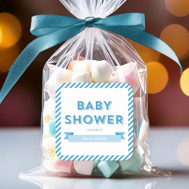 Pegatina Cuadrada Baby Shower de rayas azules modernas (Subido por el creador)