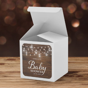 Pegatina Cuadrada Baby Shower de Rustic Wood Mason Jars and Lights
