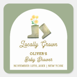 Pegatina Cuadrada Baby Shower de Sage Green Boots florales de cosech