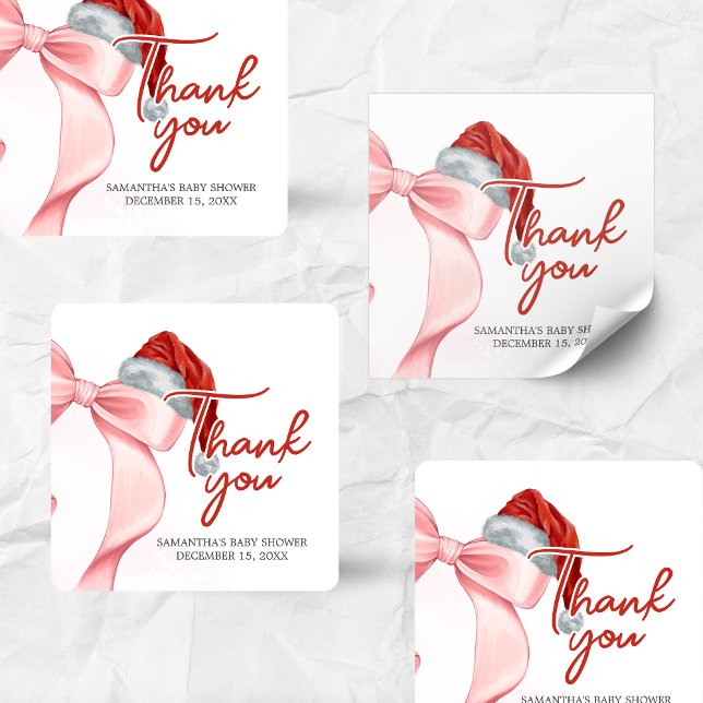 Pegatina Cuadrada Baby Shower de Santa Winter (Santa Baby Coquette Christmas Winter Baby Shower Sticker)