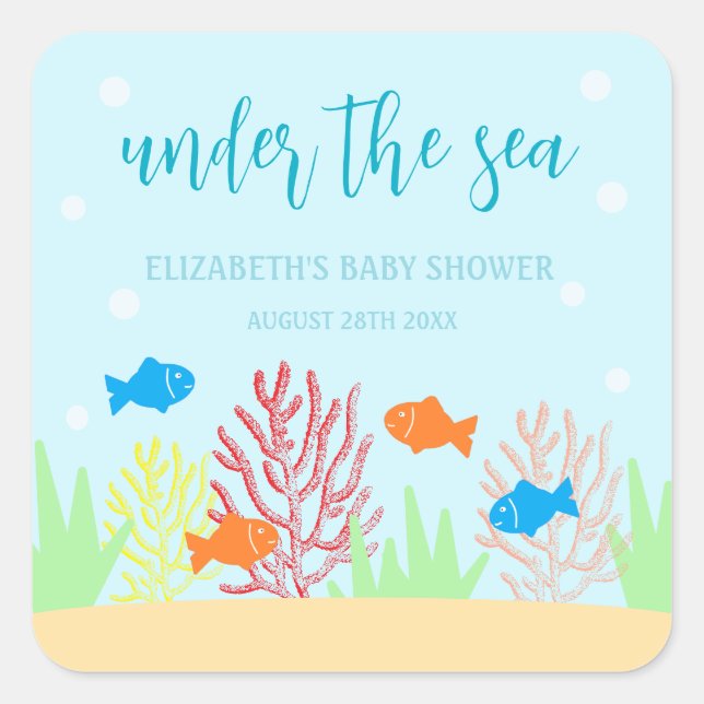 Pegatina Cuadrada Baby Shower de Sea Life (Anverso)