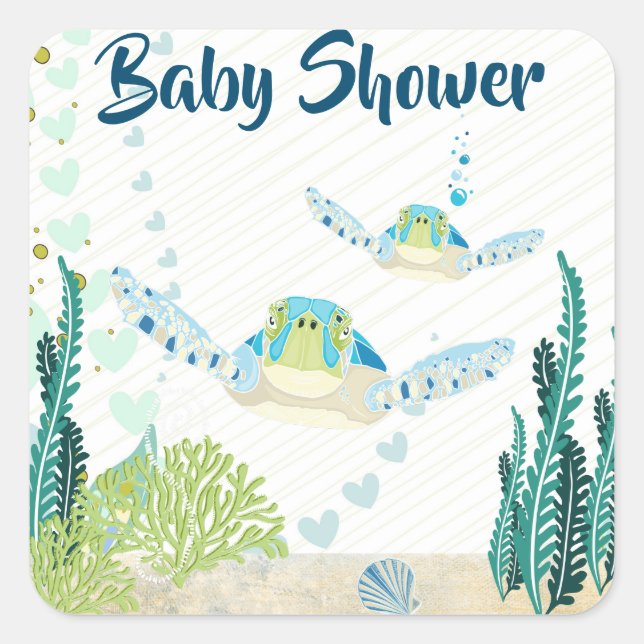 Pegatina Cuadrada Baby Shower de Sea Turtles and Hearts Beach (Anverso)