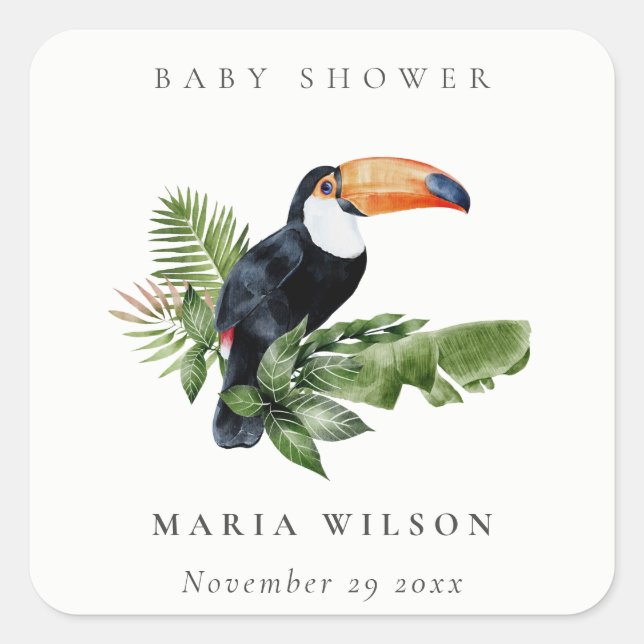 Pegatina Cuadrada Baby Shower de selva tropical Toucan Foliage (Anverso)