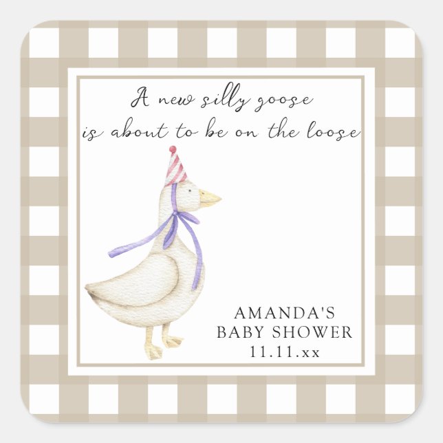 Pegatina Cuadrada Baby Shower de Silly Goose (Anverso)