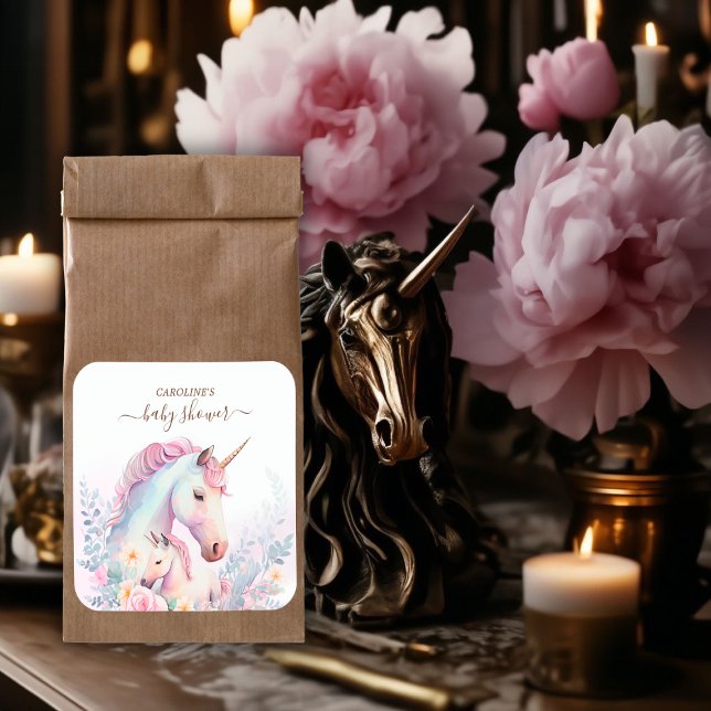 Pegatina Cuadrada Baby Shower de Spring Unicorn (Spring Unicorn Watercolor Baby Shower Square Sticker)