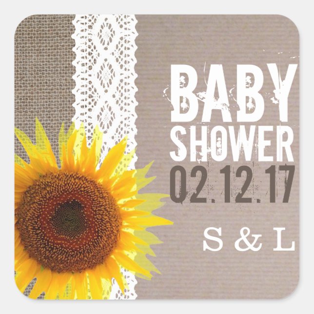 Pegatina Cuadrada Baby Shower de Sunflower Burlap y Crochet Lace (Anverso)