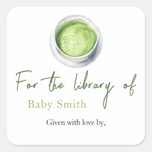 Pegatina Cuadrada Baby Shower de Tea Matcha - Para la biblioteca de (Anverso)