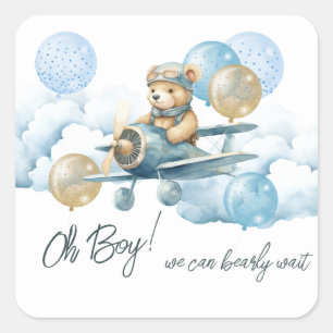 Pegatina Cuadrada Baby Shower de Teddy Bear Air Plane