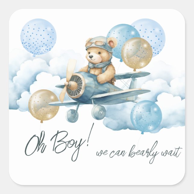 Pegatina Cuadrada Baby Shower de Teddy Bear Air Plane (Anverso)