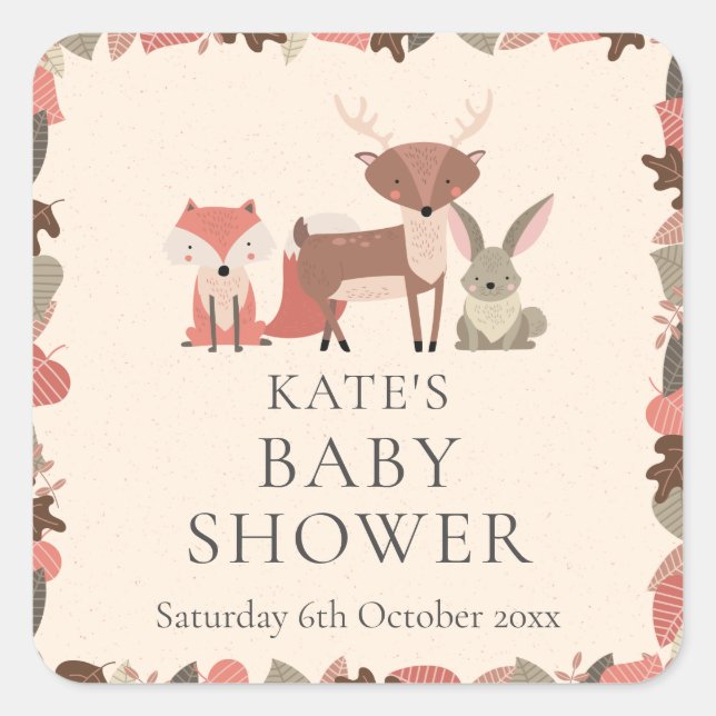 Pegatina Cuadrada Baby Shower de Woodland Animals (Anverso)