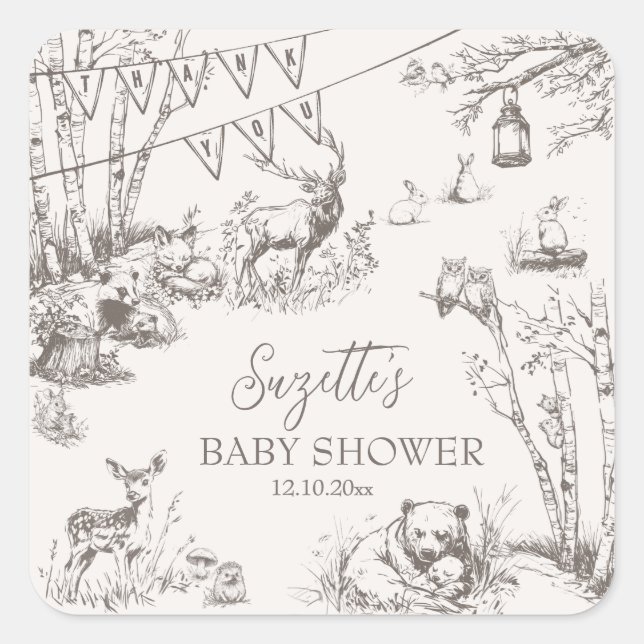 Pegatina Cuadrada Baby Shower de Woodland Animals (Anverso)