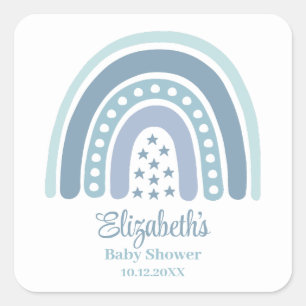 Pegatina Cuadrada Baby Shower del arcoiris azul Boho
