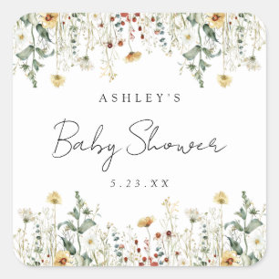 Pegatina Cuadrada Baby Shower del estadio Summer Wildflower