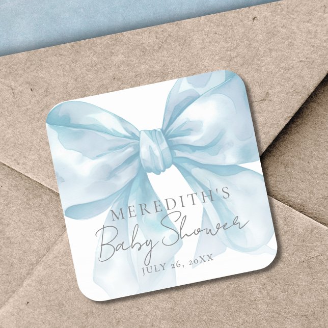 Pegatina Cuadrada Baby Shower del Lazo Azul Elegante (Elegant Blue Bow Baby Shower Square Sticker)