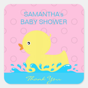Pegatina Cuadrada Baby Shower Ducky de goma rosado azul amarillo
