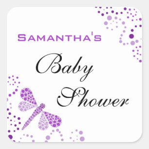 Pegatina Cuadrada Baby Shower elegante de la libélula morada y blanc