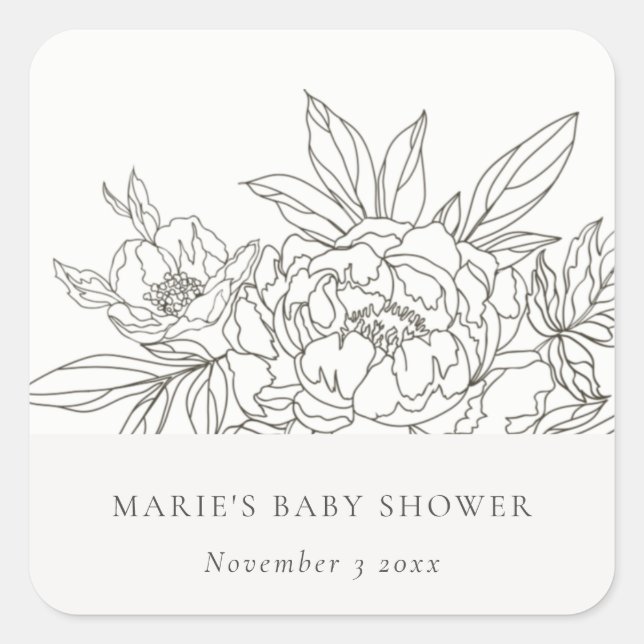 Pegatina Cuadrada Baby Shower Elegante Minimal de dibujo floral marr (Anverso)