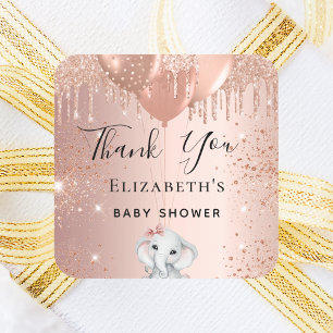 Pegatina Cuadrada Baby Shower elephant rose gold glitter balloons