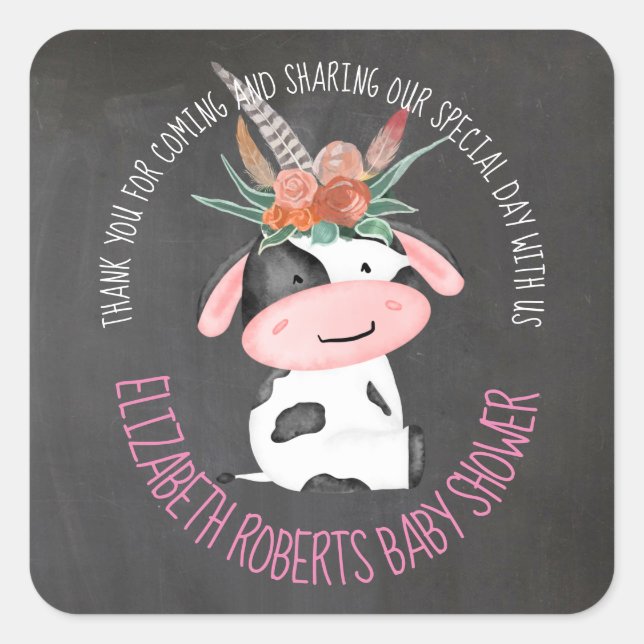 Pegatina Cuadrada Baby Shower en tiza Cute Boho Cow (Anverso)
