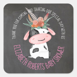 Pegatina Cuadrada Baby Shower en tiza Cute Boho Cow