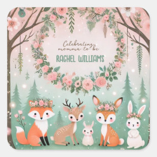 Pegatina Cuadrada Baby Shower Encantado de las criaturas forestales 