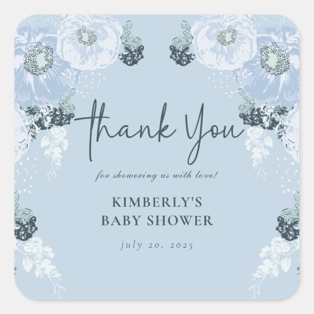 Pegatina Cuadrada Baby Shower Floral Azul Es Un Niño (Anverso)