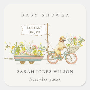 Pegatina Cuadrada Baby Shower floral de Golden Retriever de cosecha 