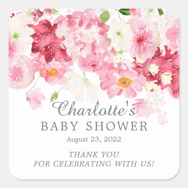 Pegatina Cuadrada Baby Shower floral de primaverales (Anverso)