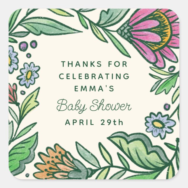 Pegatina Cuadrada Baby Shower Floral Escandinavo Folclórico Artístic (Anverso)