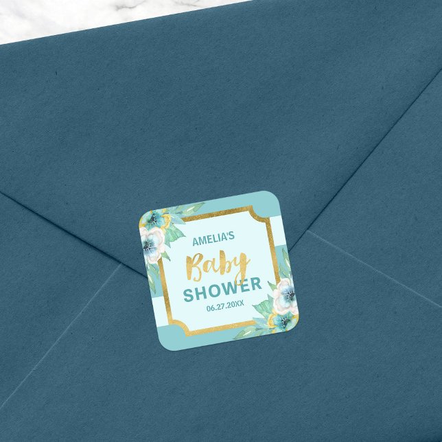 Pegatina Cuadrada Baby Shower floral Mint and Faux Gold (Subido por el creador)