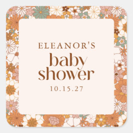 Pegatina Cuadrada Baby Shower floral Retro Earthy Boho