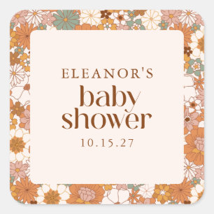 Pegatina Cuadrada Baby Shower floral Retro Earthy Boho